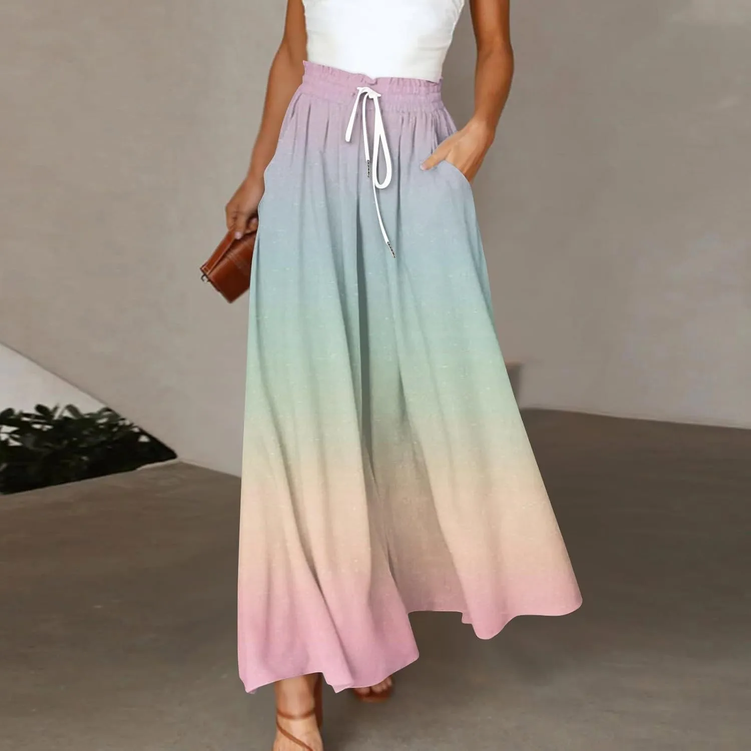 Women's Bohemian Gradient Color Elastic Casual High Waisted Wide Leg Dressy Loose Fit Pants with Pockets