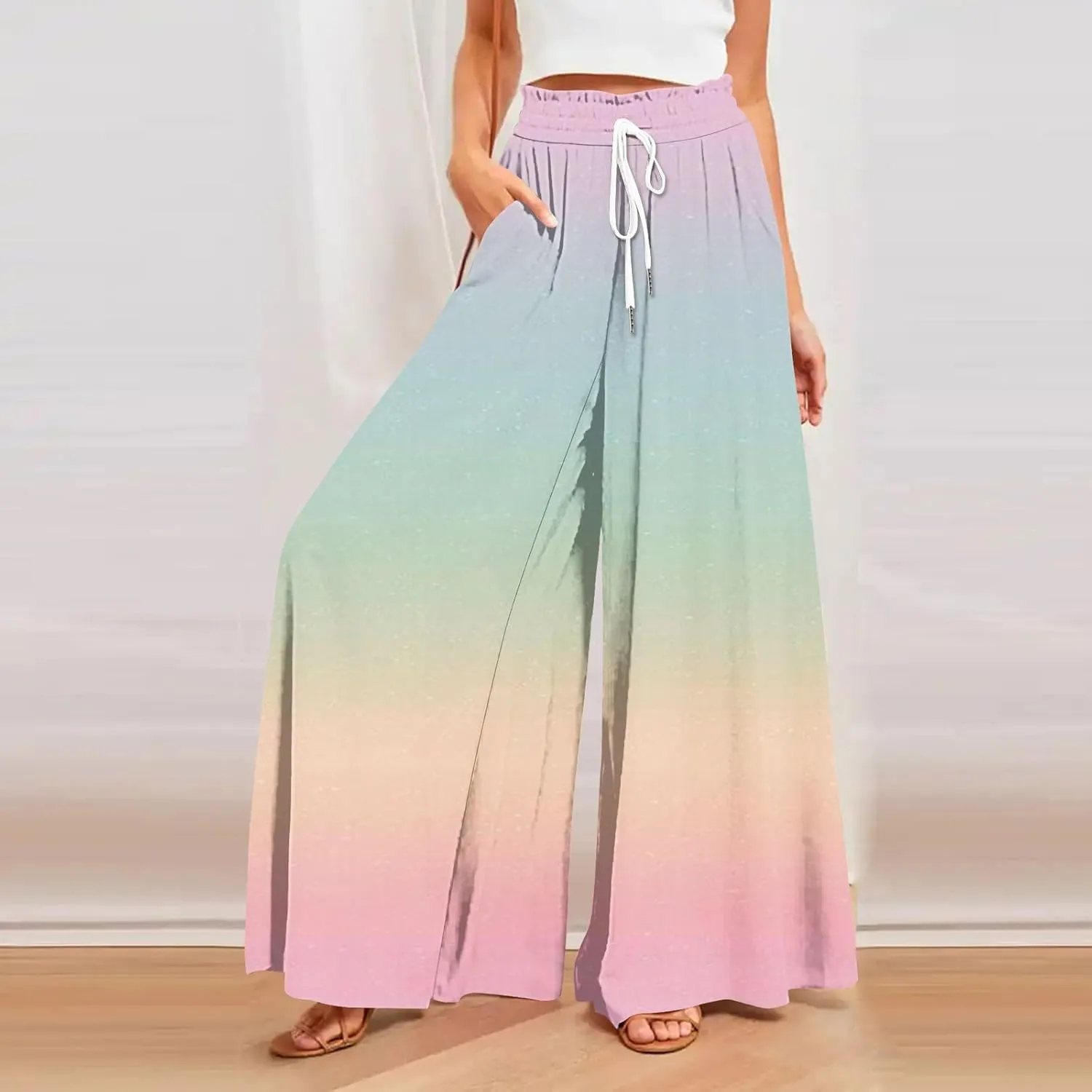 Women's Bohemian Gradient Color Elastic Casual High Waisted Wide Leg Dressy Loose Fit Pants with Pockets