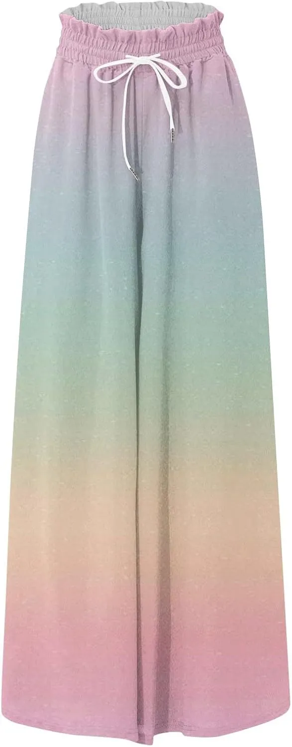 Women's Bohemian Gradient Color Elastic Casual High Waisted Wide Leg Dressy Loose Fit Pants with Pockets