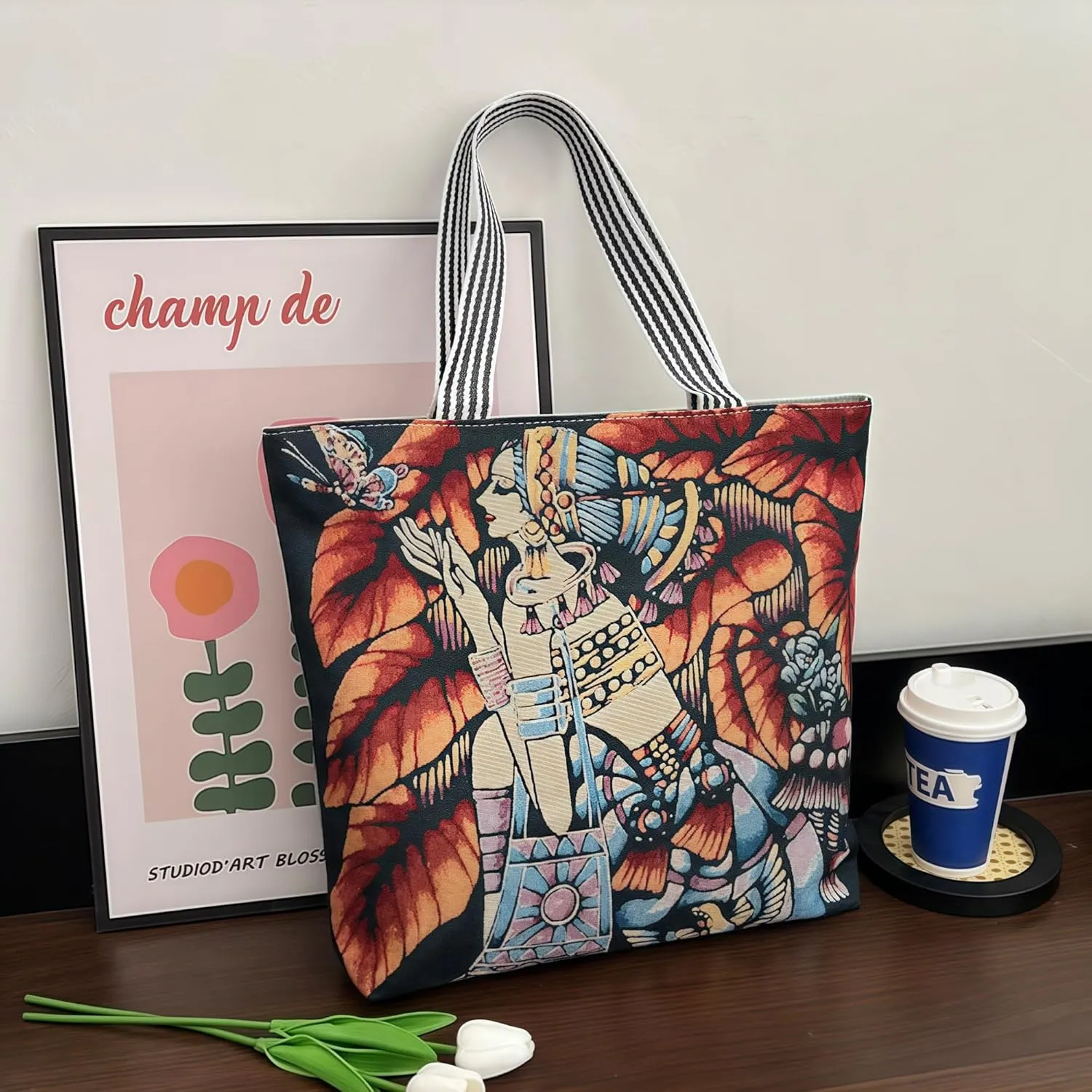 Women's Boho Large Canvas Tote Bag Retro Jacquard Embroidery Shoulder Handbag for Daily Use Travel Work and College