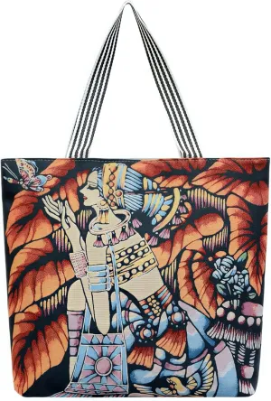Women's Boho Large Canvas Tote Bag Retro Jacquard Embroidery Shoulder Handbag for Daily Use Travel Work and College