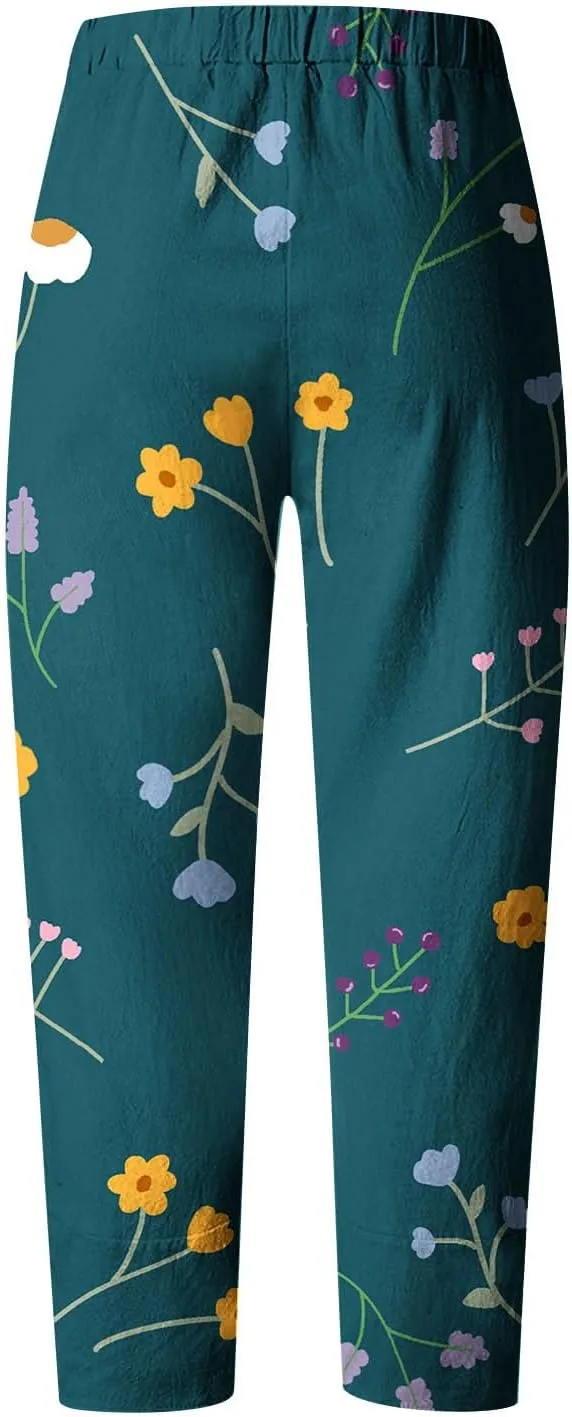 Women's Boho Linen Wide Leg Pants Elastic High Waist Palazzo Capri Pant Business Casual Cropped Trousers with Pockets