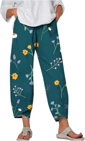 Women's Boho Linen Wide Leg Pants Elastic High Waist Palazzo Capri Pant Business Casual Cropped Trousers with Pockets