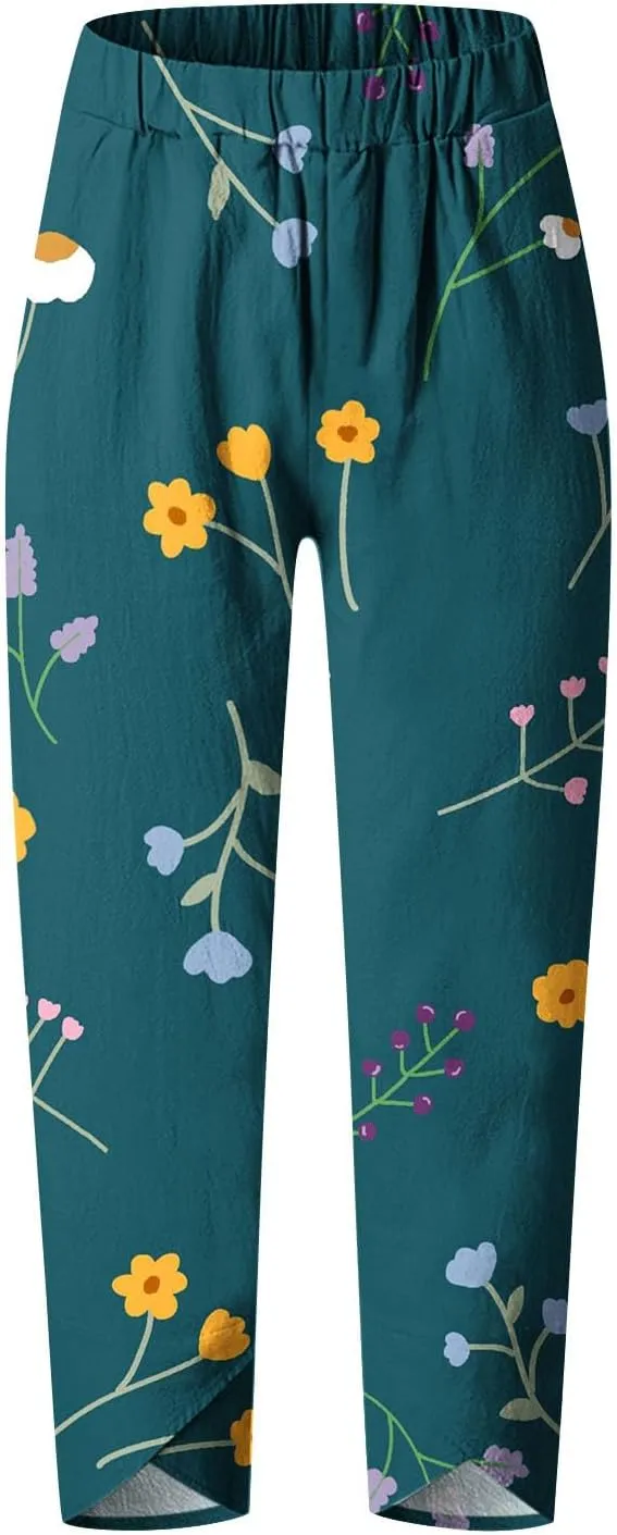 Women's Boho Linen Wide Leg Pants Elastic High Waist Palazzo Capri Pant Business Casual Cropped Trousers with Pockets