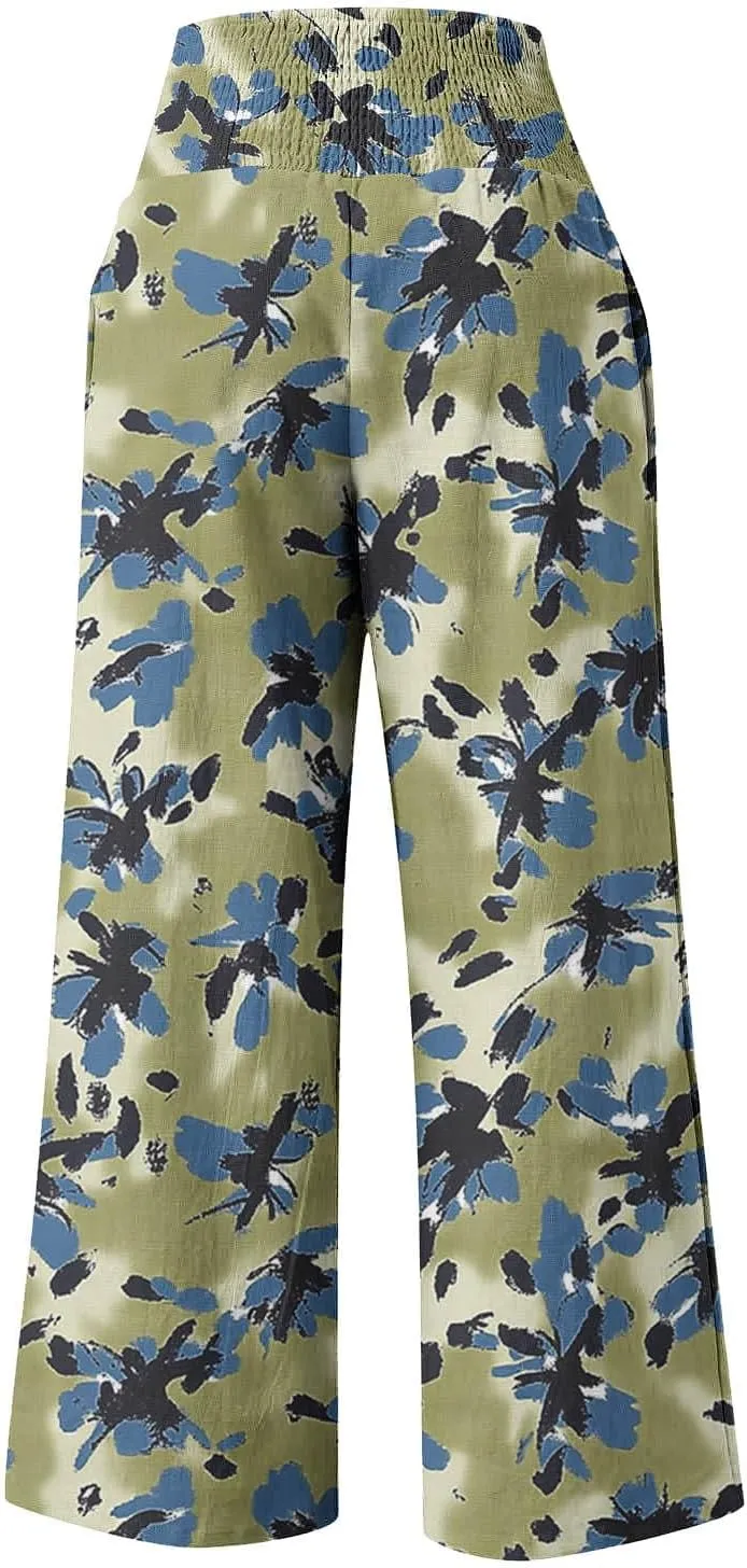 Womens Boho Palazzo Pants Casual Printed Loose Linen Wide Leg Pants Drawstring Waist Beach Harem Trouser with Pockets