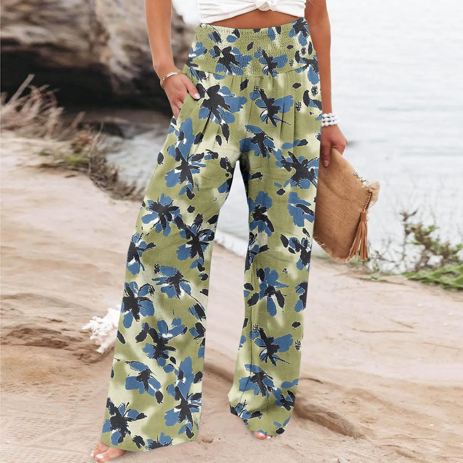 Womens Boho Palazzo Pants Casual Printed Loose Linen Wide Leg Pants Drawstring Waist Beach Harem Trouser with Pockets