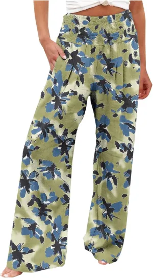 Womens Boho Palazzo Pants Casual Printed Loose Linen Wide Leg Pants Drawstring Waist Beach Harem Trouser with Pockets