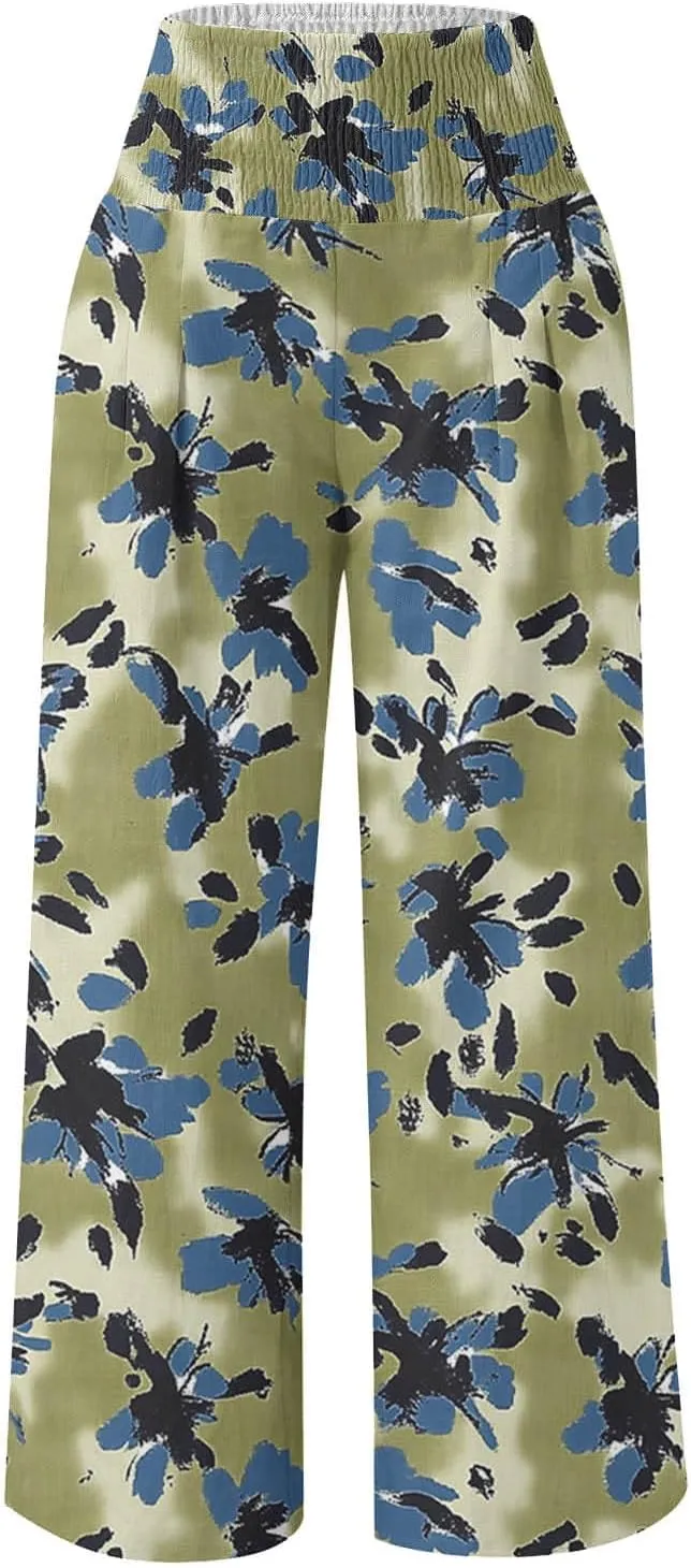 Womens Boho Palazzo Pants Casual Printed Loose Linen Wide Leg Pants Drawstring Waist Beach Harem Trouser with Pockets