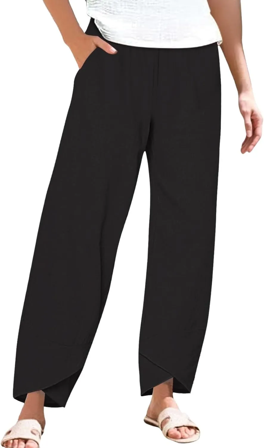 Women's Capri Pants Casual Cotton Linen Cropped Lounge Pants Trousers Pockets Elastic Waist Capris Pant for Women