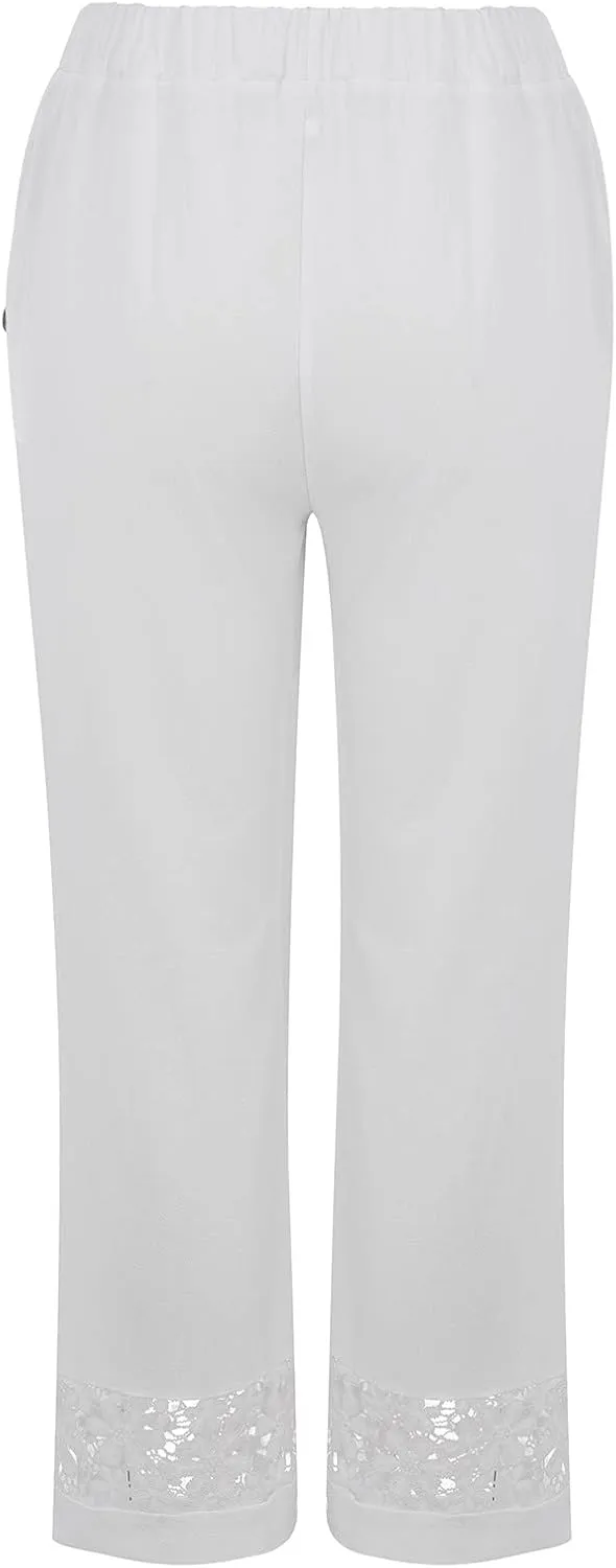 Women's Capri Pants High Waist Drawstring Cinch Bottom with Button Cotton Loose Casual Trouser with Pockets