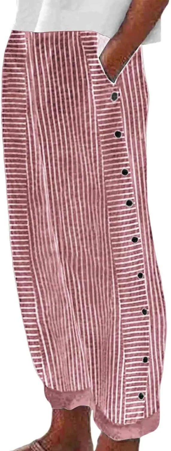 Women's Capri Pants High Waist Drawstring Cinch Bottom with Button Cotton Loose Casual Trouser with Pockets