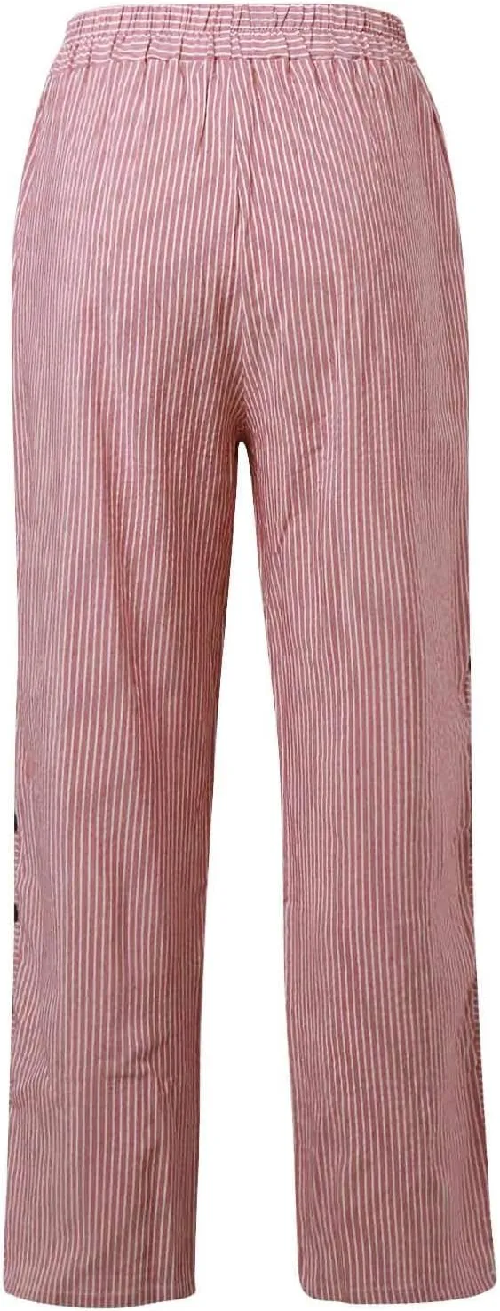 Women's Capri Pants High Waist Drawstring Cinch Bottom with Button Cotton Loose Casual Trouser with Pockets