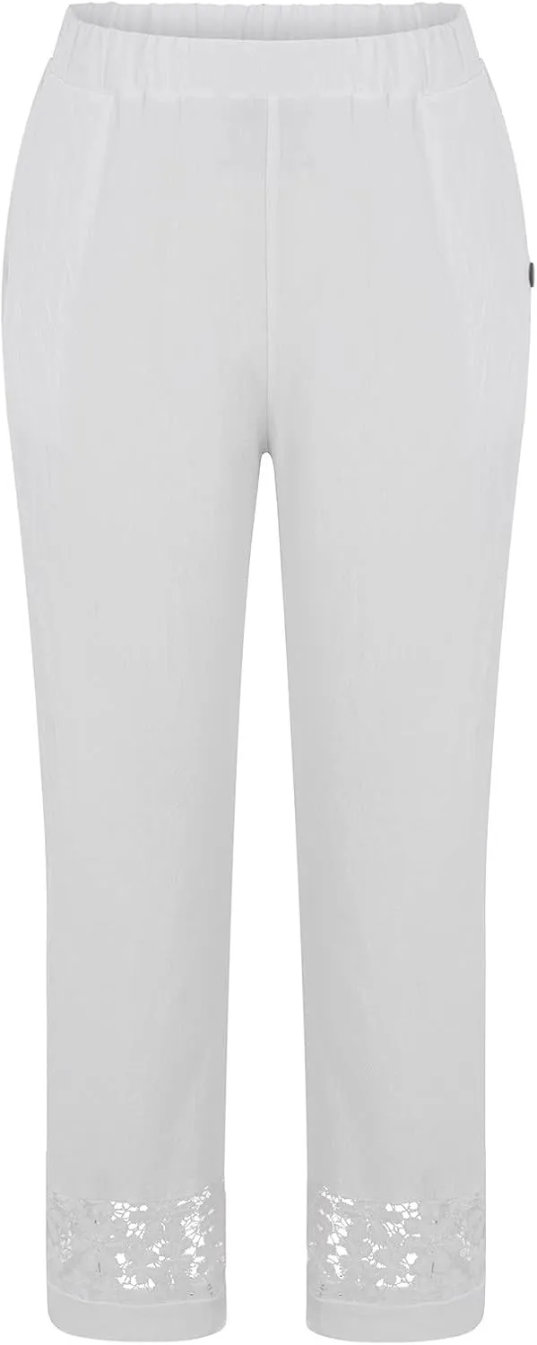 Women's Capri Pants High Waist Drawstring Cinch Bottom with Button Cotton Loose Casual Trouser with Pockets