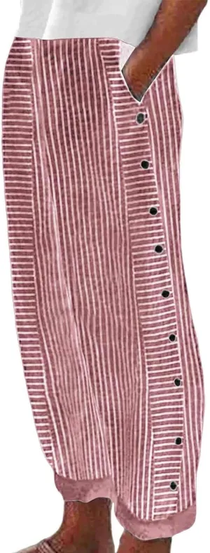 Women's Capri Pants High Waist Drawstring Cinch Bottom with Button Cotton Loose Casual Trouser with Pockets
