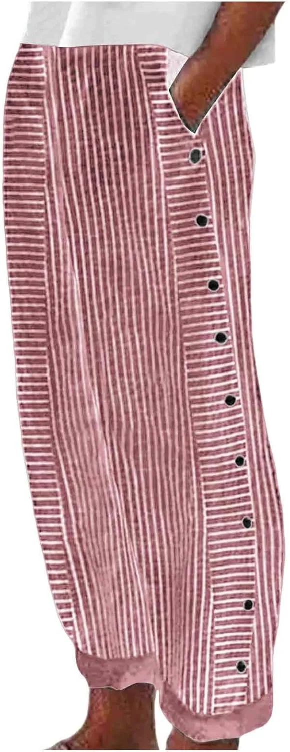 Women's Capri Pants High Waist Drawstring Cinch Bottom with Button Cotton Loose Casual Trouser with Pockets