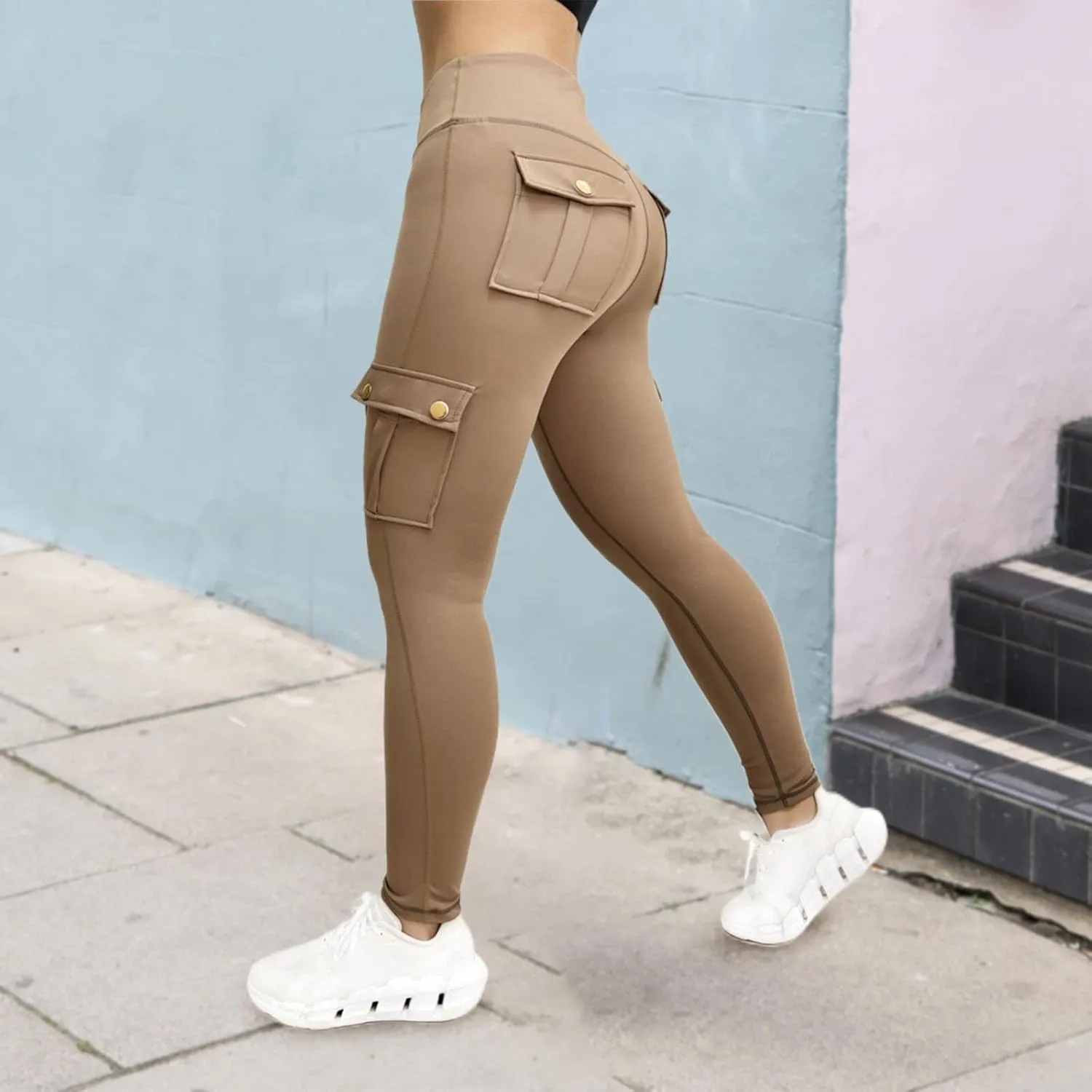 Womens Cargo Leggings with Multiple Porkets High Waisted Tummy Control Stretchy Trousers Workout Running Yoga Pants