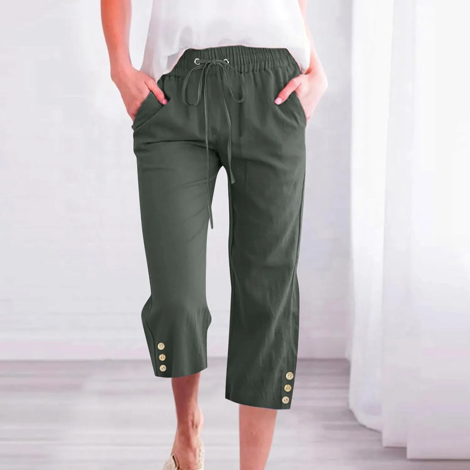 Women'S Casual Cotton Linen Pant Trendy Lounge Elastic Regular Fashion Waist Summer Elastic Trousers with Pocket