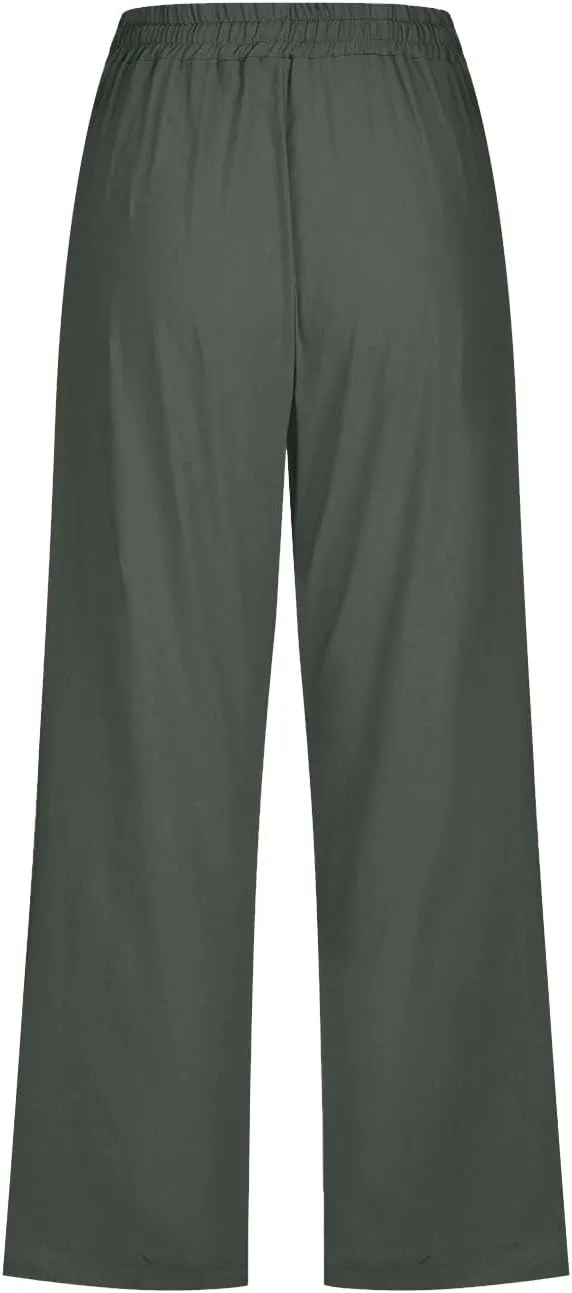 Women'S Casual Cotton Linen Pant Trendy Lounge Elastic Regular Fashion Waist Summer Elastic Trousers with Pocket