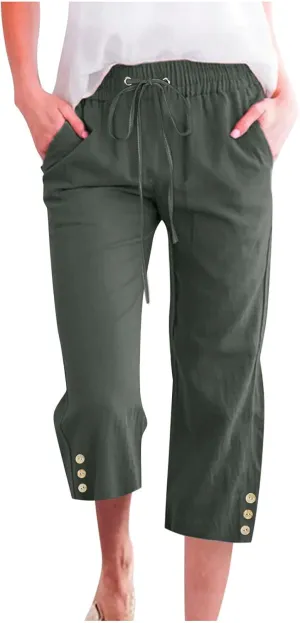Women'S Casual Cotton Linen Pant Trendy Lounge Elastic Regular Fashion Waist Summer Elastic Trousers with Pocket