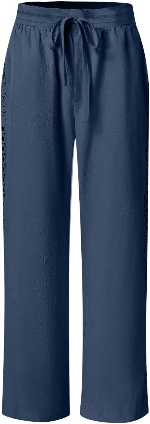 Womens Casual Cotton Linen Pants Trendy Drawstring Side Hollow Trousers Summer Vacation Lounge Travel Outfits 2025