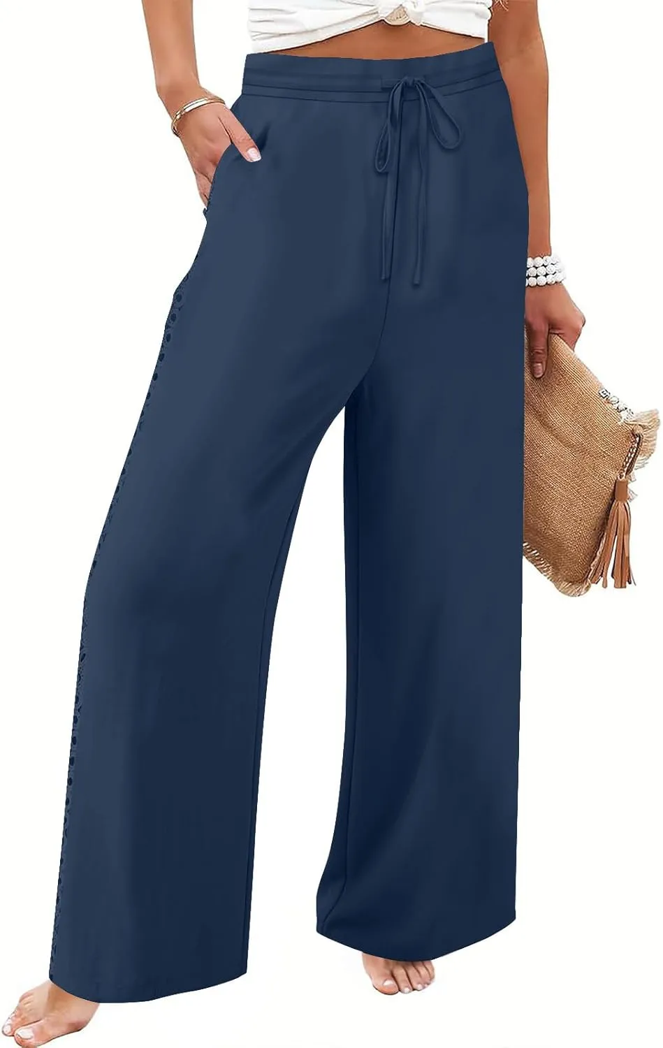 Womens Casual Cotton Linen Pants Trendy Drawstring Side Hollow Trousers Summer Vacation Lounge Travel Outfits 2025