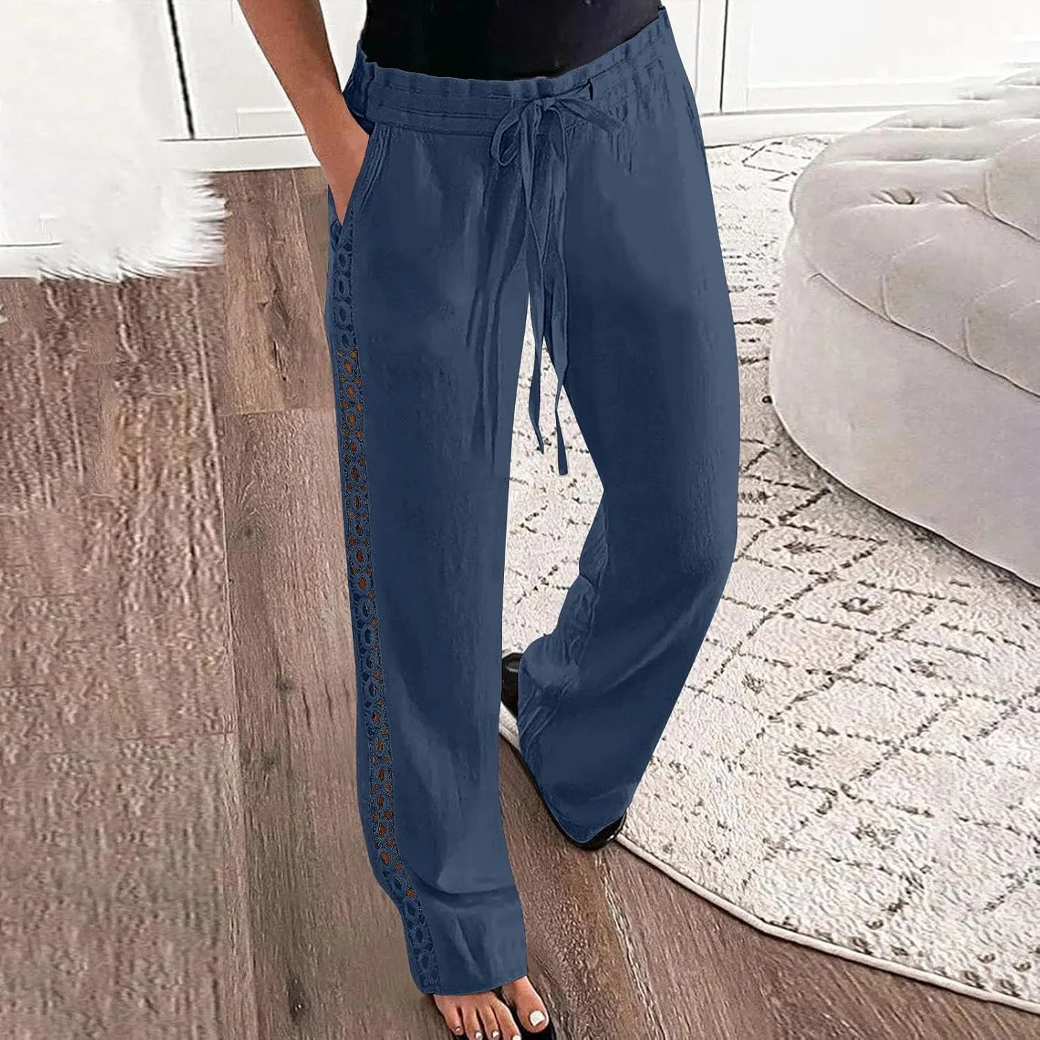 Womens Casual Cotton Linen Pants Trendy Drawstring Side Hollow Trousers Summer Vacation Lounge Travel Outfits 2025