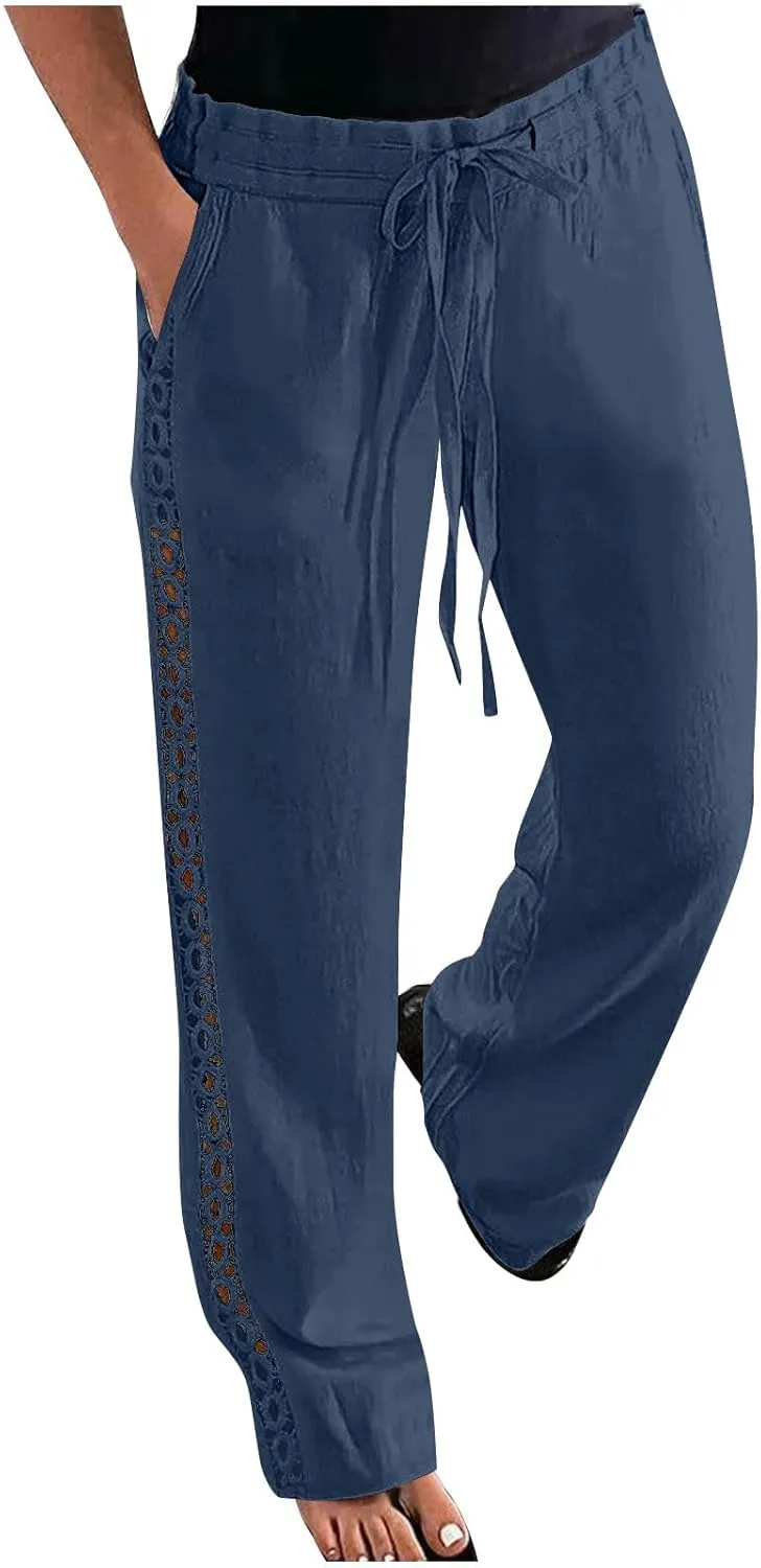 Womens Casual Cotton Linen Pants Trendy Drawstring Side Hollow Trousers Summer Vacation Lounge Travel Outfits 2025