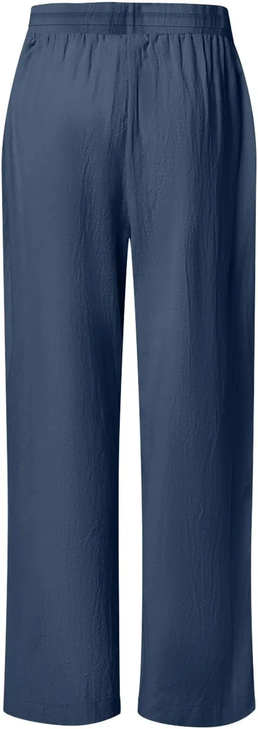 Womens Casual Cotton Linen Pants Trendy Drawstring Side Hollow Trousers Summer Vacation Lounge Travel Outfits 2025