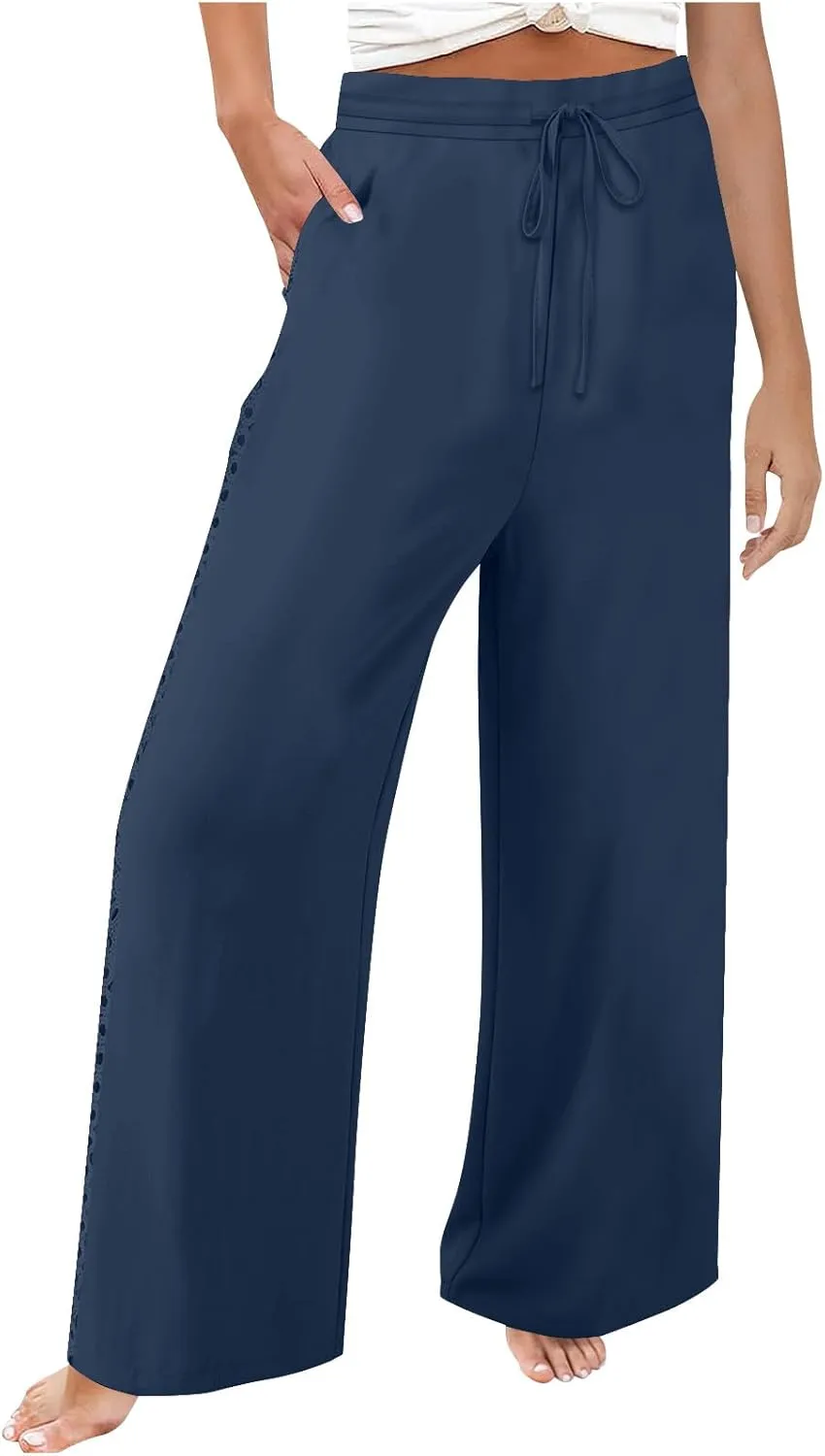 Womens Casual Cotton Linen Pants Trendy Drawstring Side Hollow Trousers Summer Vacation Lounge Travel Outfits 2025