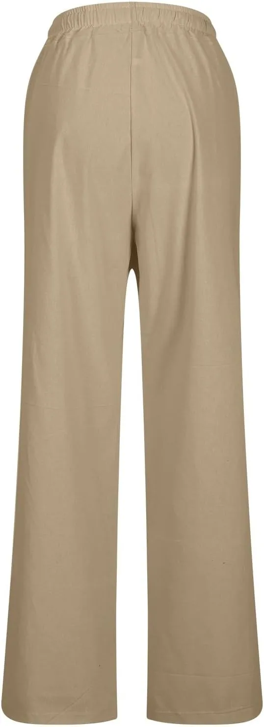 Womens Casual Cotton Pants Straight Leg Business Causal Slacks High Waist Drawstring Loose Fit Summer Beach Trousers