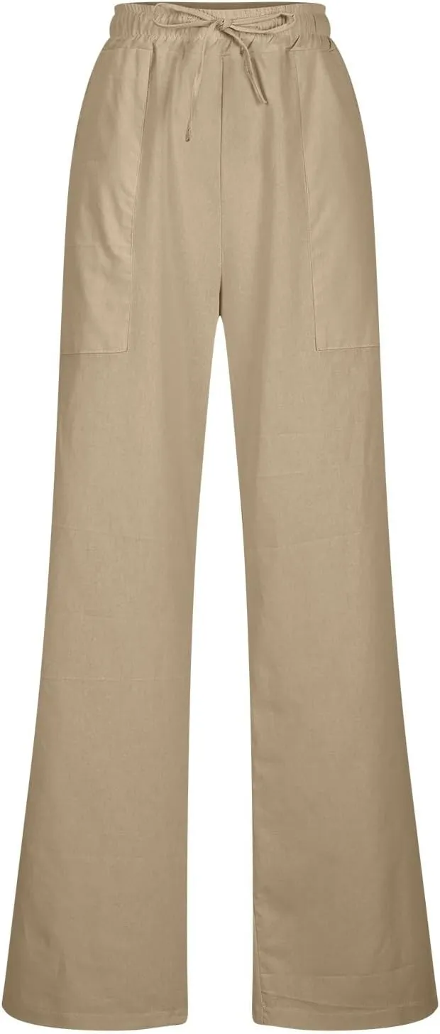 Womens Casual Cotton Pants Straight Leg Business Causal Slacks High Waist Drawstring Loose Fit Summer Beach Trousers