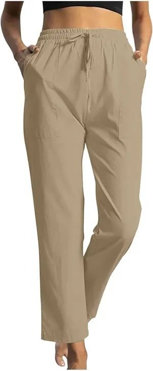 Womens Casual Cotton Pants Straight Leg Business Causal Slacks High Waist Drawstring Loose Fit Summer Beach Trousers