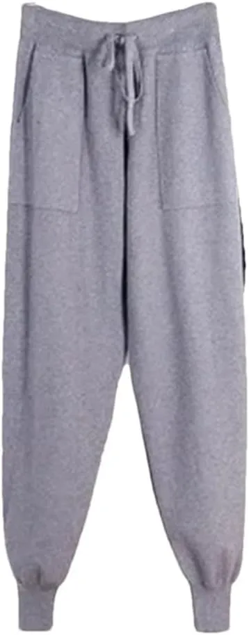 WomenS Casual Harem Pants - Winter Loose Knit Trousers with Pockets - Solid Color Sweater Pants for Women
