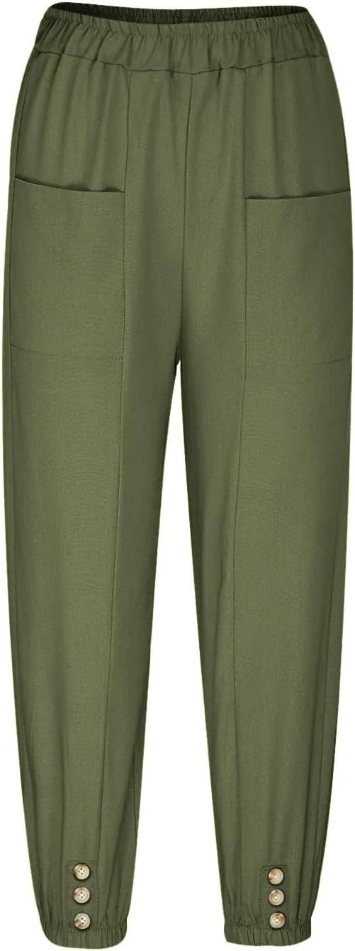 Women's Casual Lantern Tapered Harem Pants High Waist Baggy Cotton Linen Pants Summer Ankle Trousers with Pockets