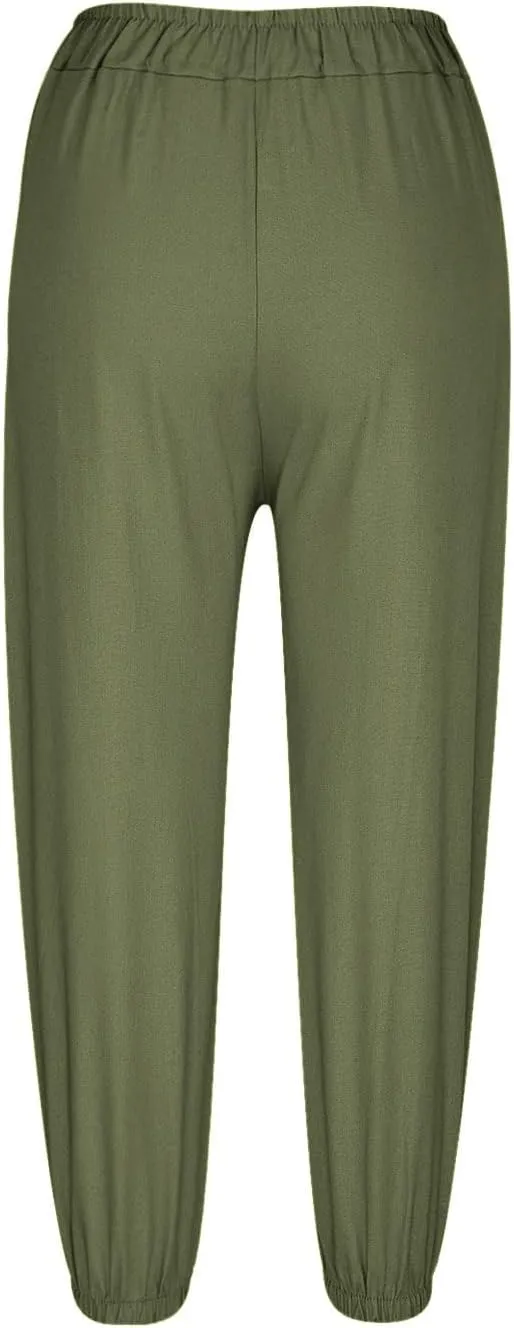 Women's Casual Lantern Tapered Harem Pants High Waist Baggy Cotton Linen Pants Summer Ankle Trousers with Pockets