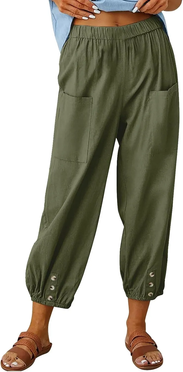 Women's Casual Lantern Tapered Harem Pants High Waist Baggy Cotton Linen Pants Summer Ankle Trousers with Pockets
