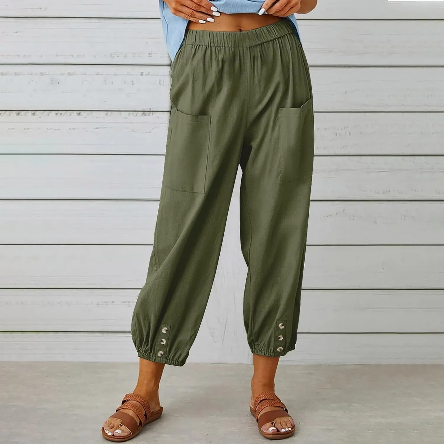Women's Casual Lantern Tapered Harem Pants High Waist Baggy Cotton Linen Pants Summer Ankle Trousers with Pockets