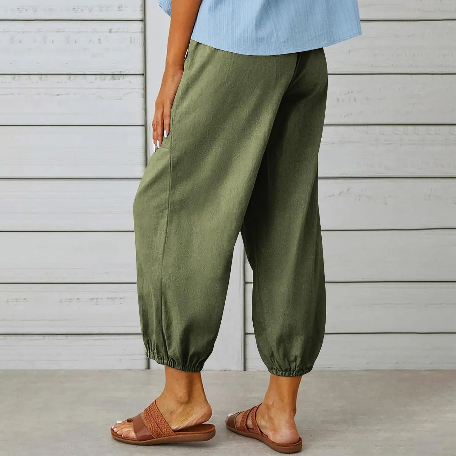Women's Casual Lantern Tapered Harem Pants High Waist Baggy Cotton Linen Pants Summer Ankle Trousers with Pockets