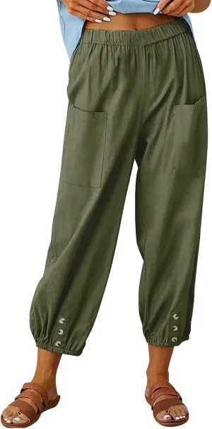 Women's Casual Lantern Tapered Harem Pants High Waist Baggy Cotton Linen Pants Summer Ankle Trousers with Pockets