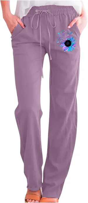 Womens Casual Linen High Waist Pants Drawstring Loose Fit Lounge Pants 2025 Summer Casual Comfy Trousers with Pockets