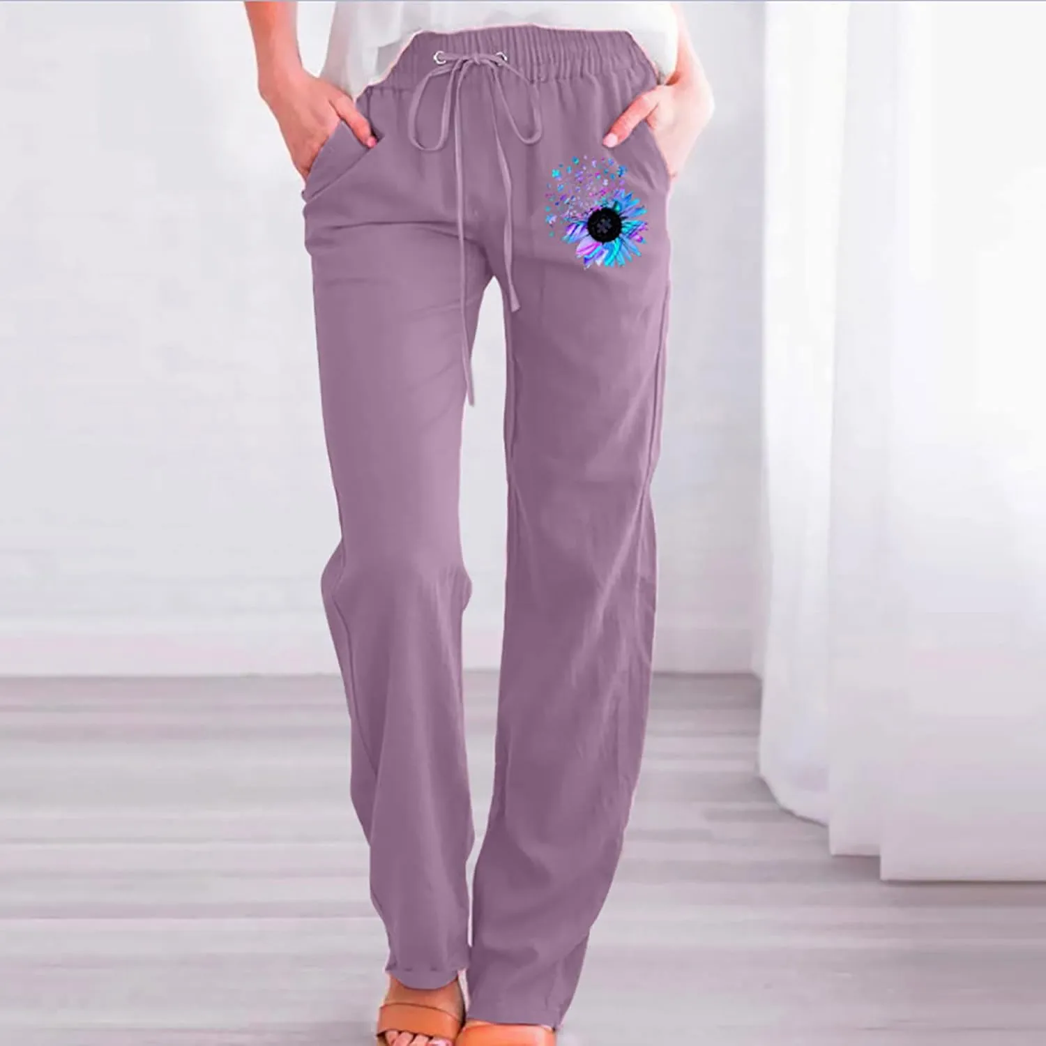 Womens Casual Linen High Waist Pants Drawstring Loose Fit Lounge Pants 2025 Summer Casual Comfy Trousers with Pockets