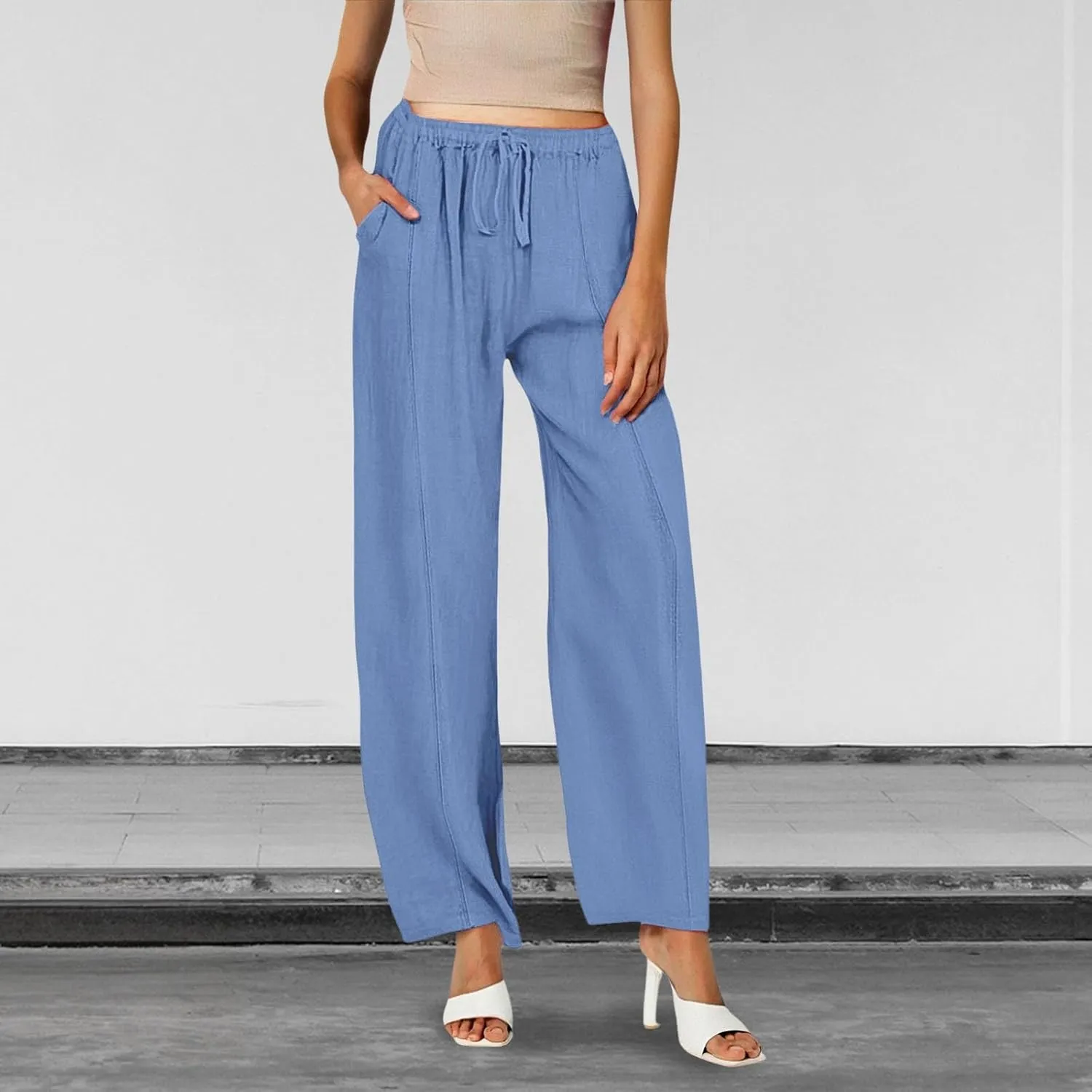 Womens Casual Linen High Waist Pants Wide Leg Drawstring Loose Fit Summer Trousers Summer Beach Pant with Side Pocket