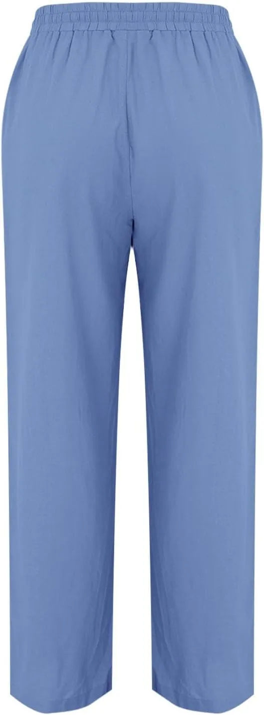 Womens Casual Linen High Waist Pants Wide Leg Drawstring Loose Fit Summer Trousers Summer Beach Pant with Side Pocket