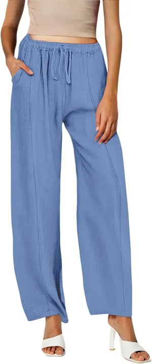 Womens Casual Linen High Waist Pants Wide Leg Drawstring Loose Fit Summer Trousers Summer Beach Pant with Side Pocket