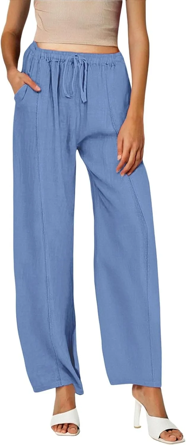 Womens Casual Linen High Waist Pants Wide Leg Drawstring Loose Fit Summer Trousers Summer Beach Pant with Side Pocket