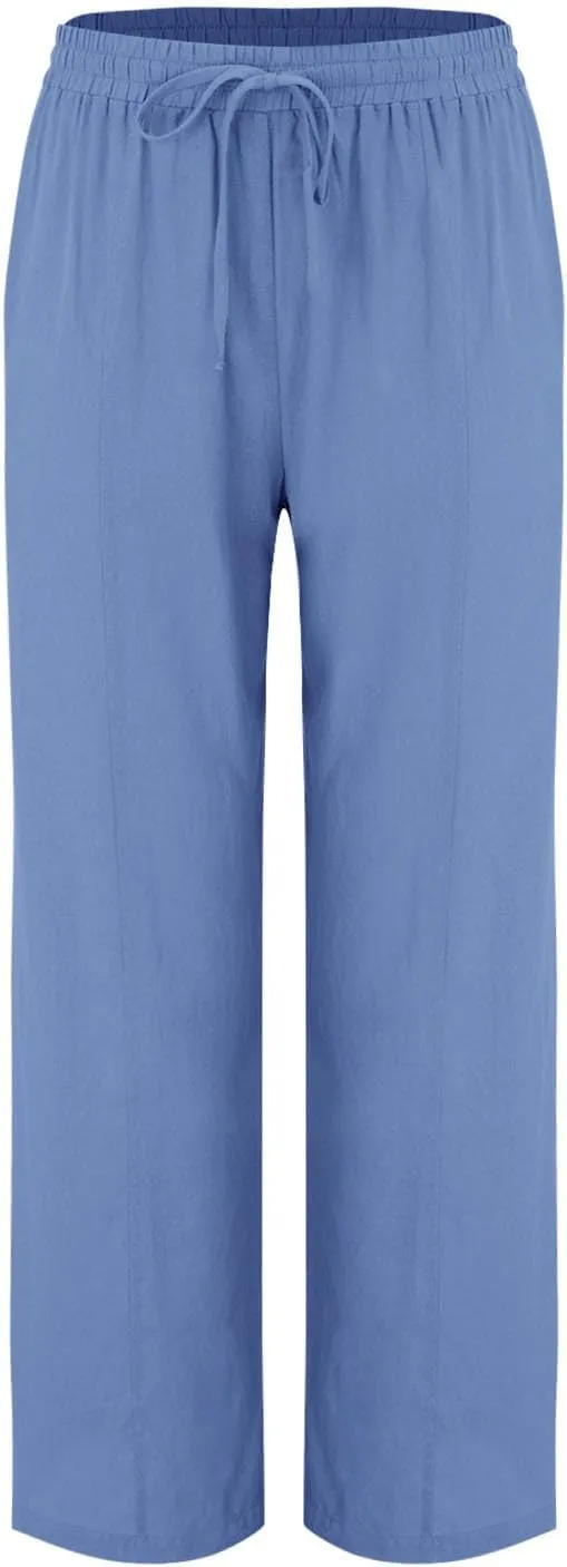 Womens Casual Linen High Waist Pants Wide Leg Drawstring Loose Fit Summer Trousers Summer Beach Pant with Side Pocket