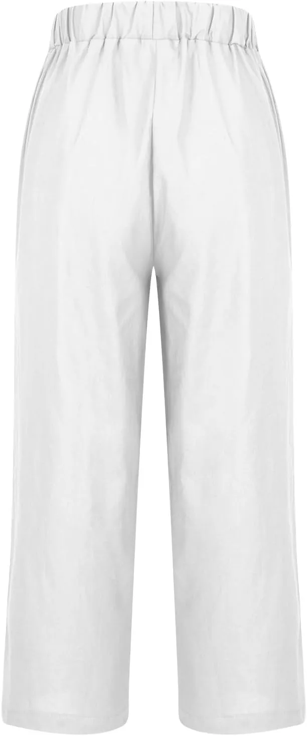 Womens Casual Linen Pants Drawstring Waist Loose Fit Summer Pants Cropped Trousers with Pockets Cotton Linen Pants
