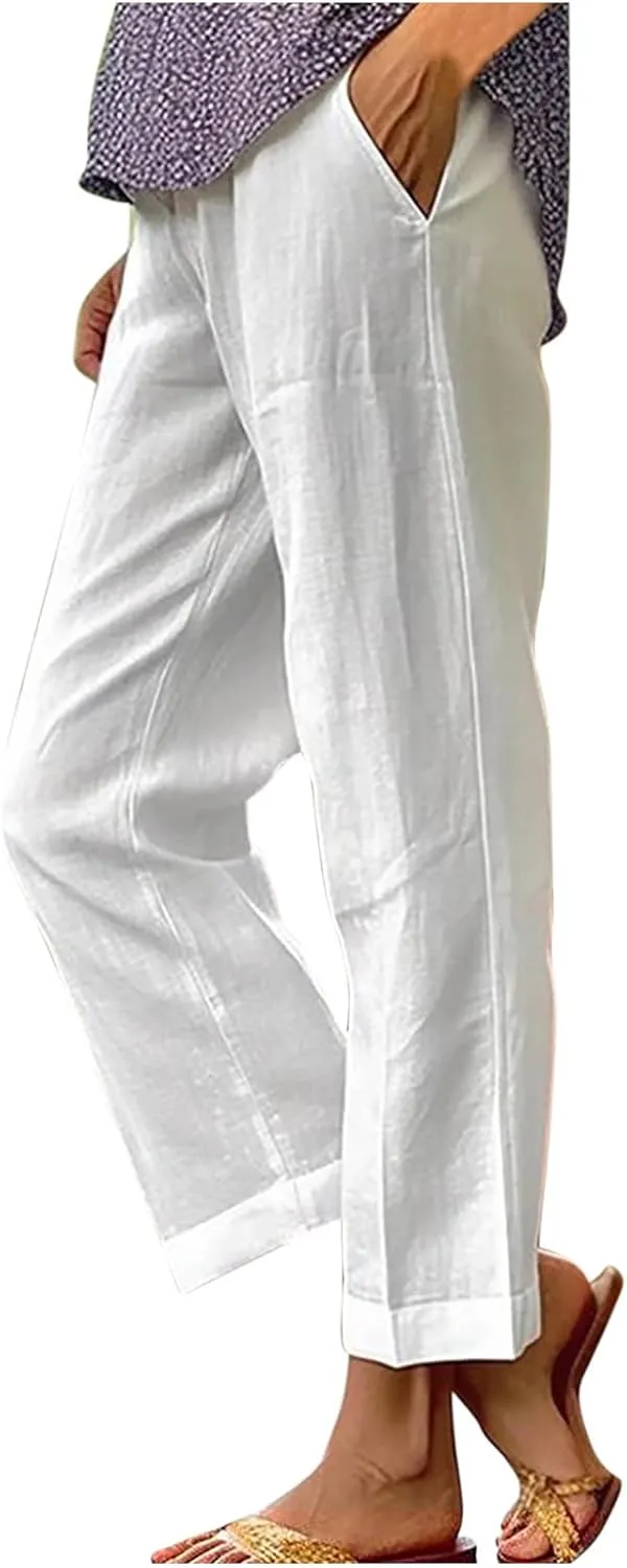 Womens Casual Linen Pants Drawstring Waist Loose Fit Summer Pants Cropped Trousers with Pockets Cotton Linen Pants