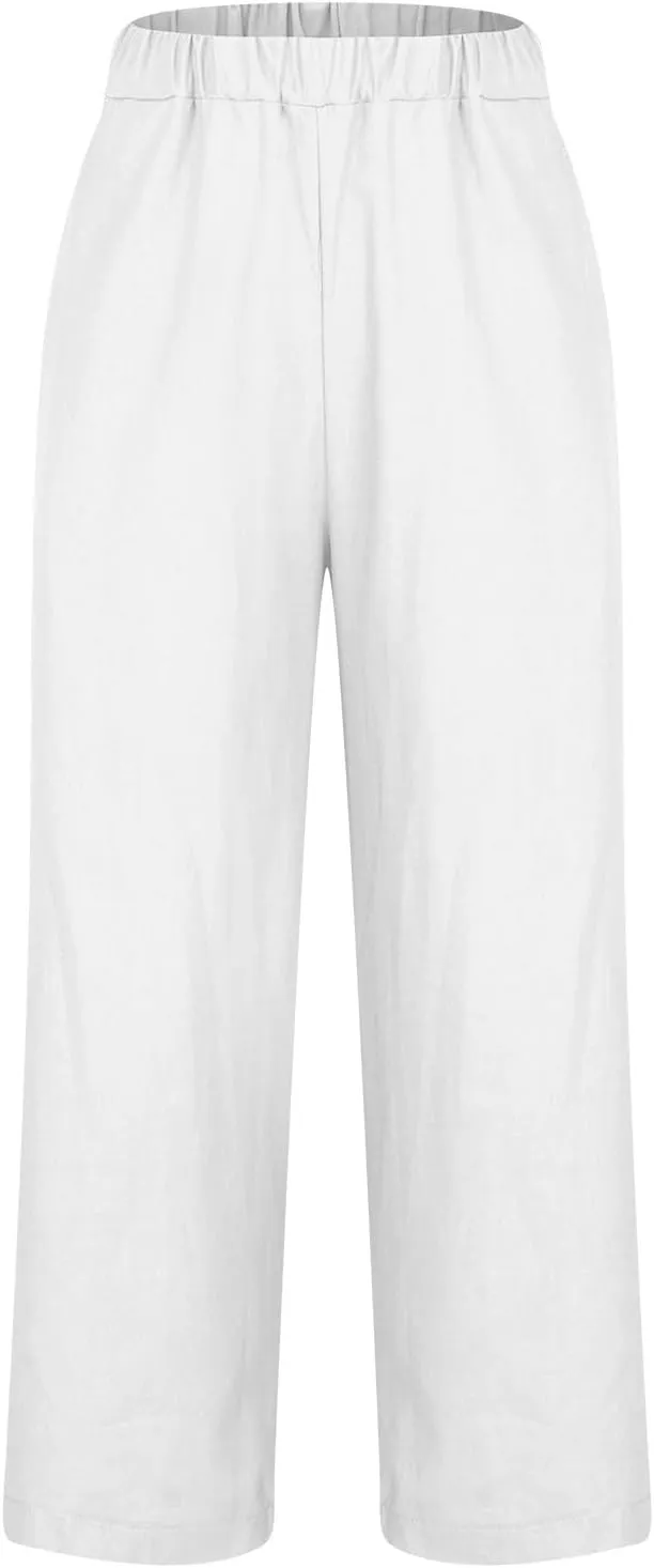 Womens Casual Linen Pants Drawstring Waist Loose Fit Summer Pants Cropped Trousers with Pockets Cotton Linen Pants