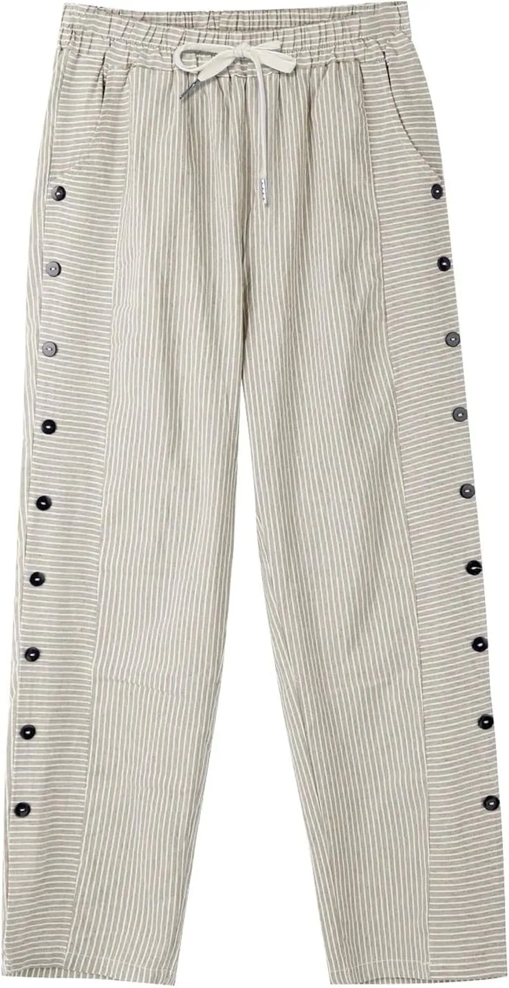 Women's Casual Linen Pants Striped Side Button Elastic Waist Trendy Pants Straight Leg Baggy Trousers with Pockets